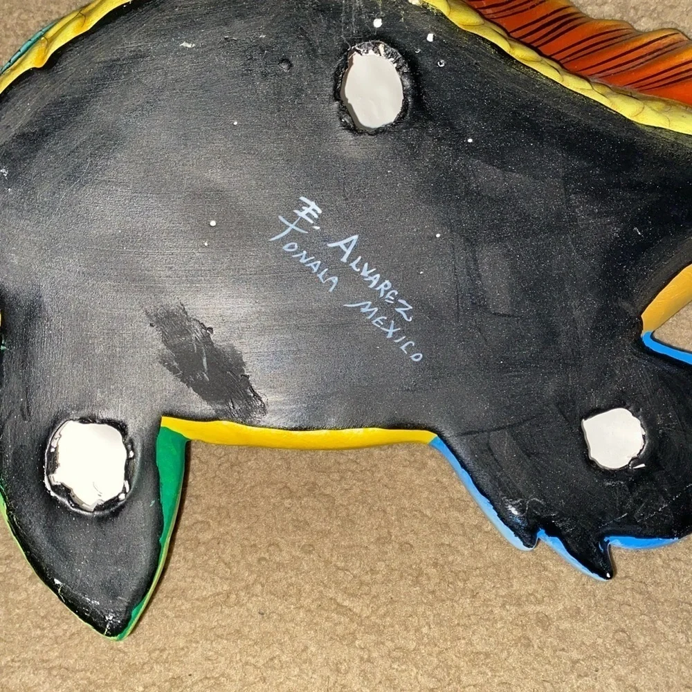 Vtg Tonala Mexico Hand Painted Ceramic Tropical Fish Wall Decor Signed E Alvarez